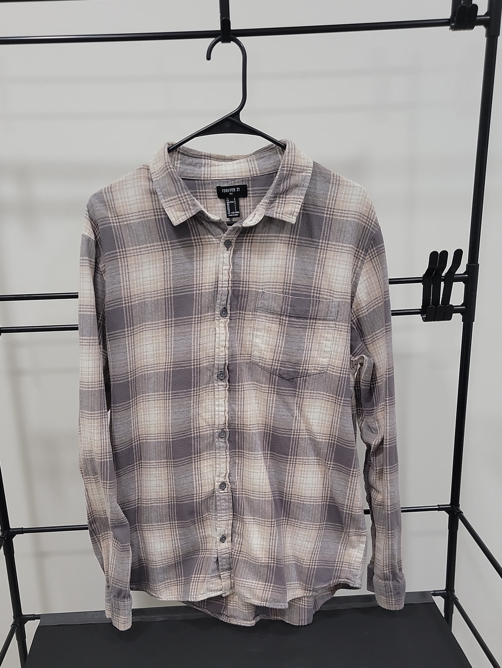 Forever 21 Men's Gray and Cream Plaid Button-Down Shirt